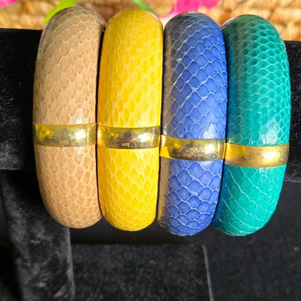 Vintage 1980s Snakeskin Stacking Bangle Set with Gold Accents - Colorblock